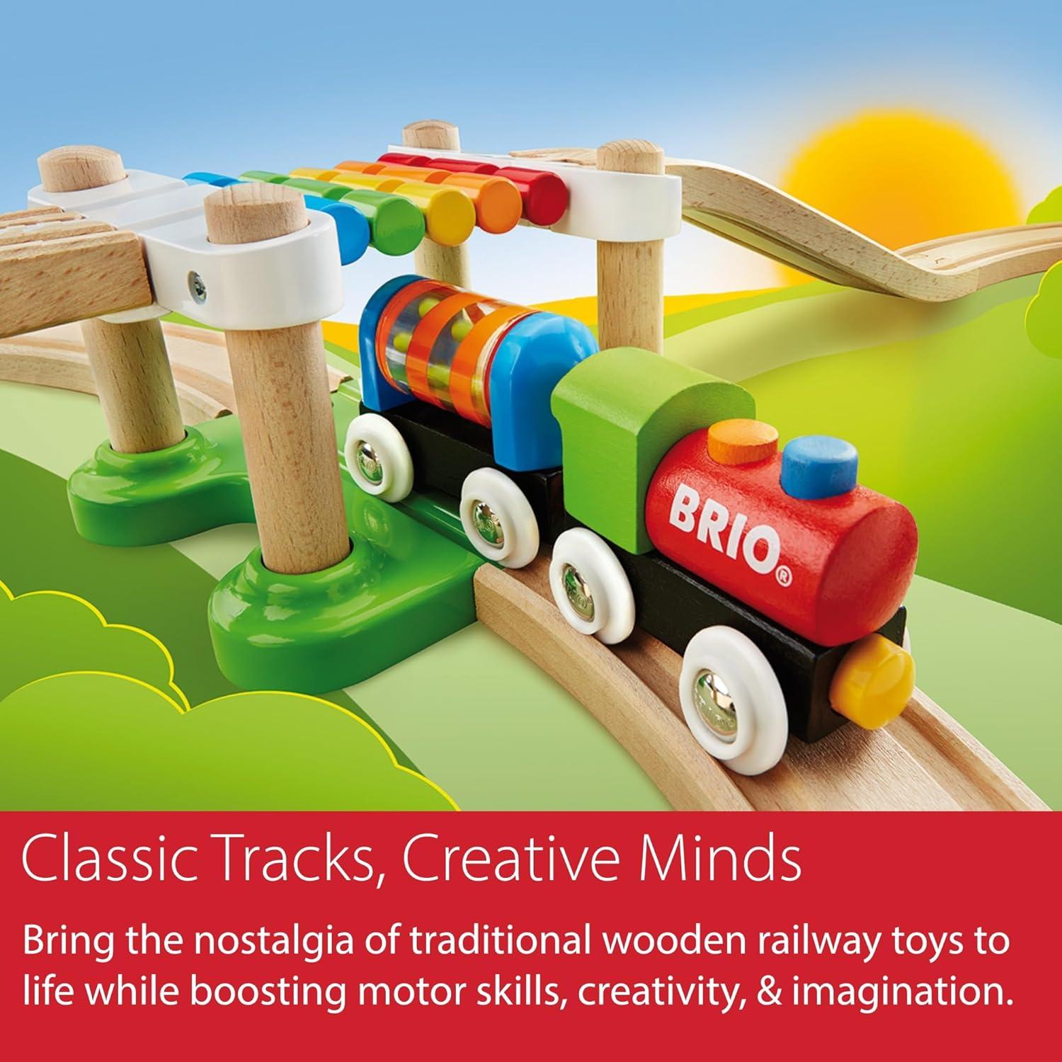 imageBRIO My First Railway Beginner Pack 18Piece FSCCertified Wood Train Set Compatible with All BRIO Sets Includes Rainbow Bridge ampamp Rattle Wagon Safe Play Toddlers Ages 18 Months ampamp OlderRailway