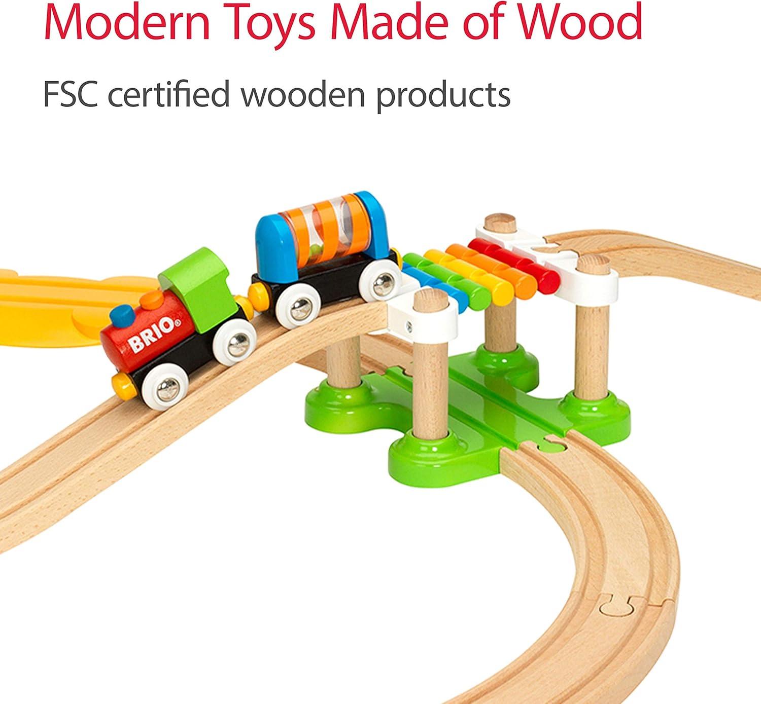 imageBRIO My First Railway Beginner Pack 18Piece FSCCertified Wood Train Set Compatible with All BRIO Sets Includes Rainbow Bridge ampamp Rattle Wagon Safe Play Toddlers Ages 18 Months ampamp OlderRailway