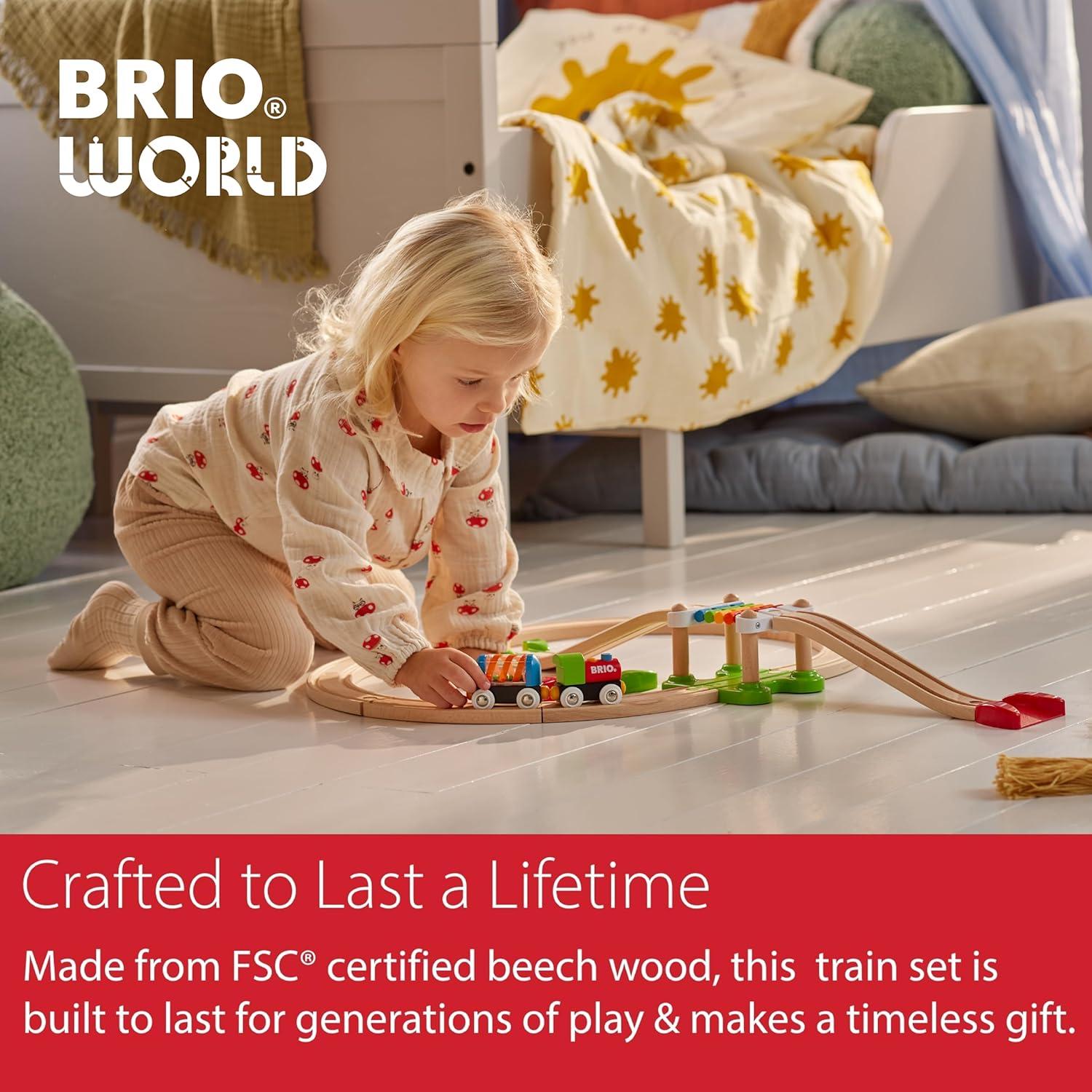 imageBRIO My First Railway Beginner Pack 18Piece FSCCertified Wood Train Set Compatible with All BRIO Sets Includes Rainbow Bridge ampamp Rattle Wagon Safe Play Toddlers Ages 18 Months ampamp OlderRailway