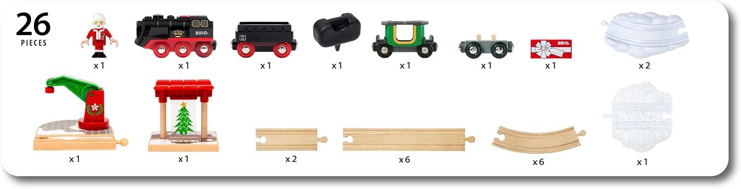 imageBRIO World Christmas Steaming Train BatteryOperated Train 27Pc Motorized Steam Engine for Wooden Track with Lights and KidFriendly Steam Interactive Play with ForwardReverse for Kids 3BRIO World 36014 Christmas Steaming Train Set 27Piece KidFriendly Set Age 3 Compatible FSCCertified Beech Wood Complements All BRIO Railway Sets Accessories Multicolor