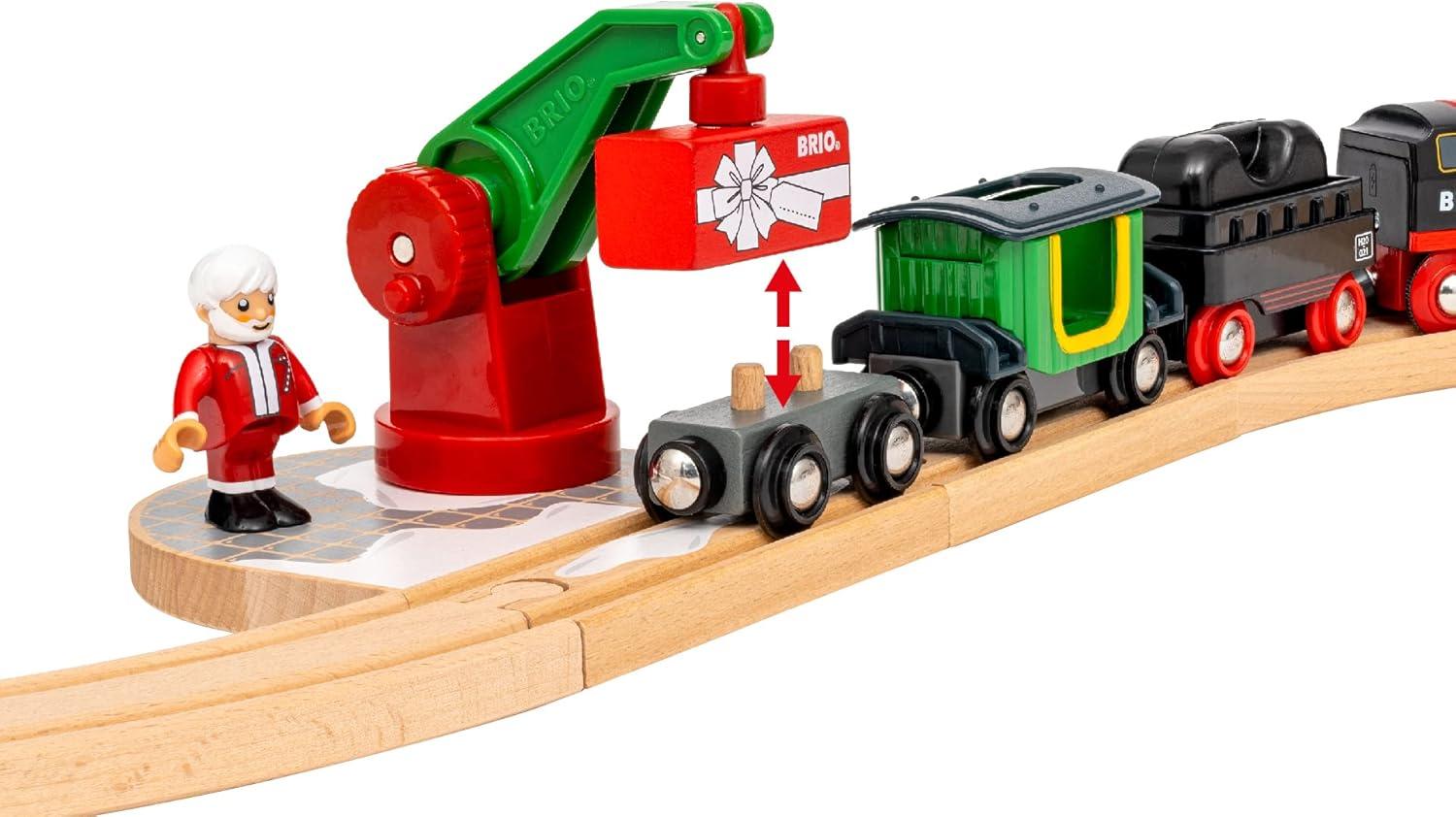imageBRIO World Christmas Steaming Train BatteryOperated Train 27Pc Motorized Steam Engine for Wooden Track with Lights and KidFriendly Steam Interactive Play with ForwardReverse for Kids 3BRIO World 36014 Christmas Steaming Train Set 27Piece KidFriendly Set Age 3 Compatible FSCCertified Beech Wood Complements All BRIO Railway Sets Accessories Multicolor