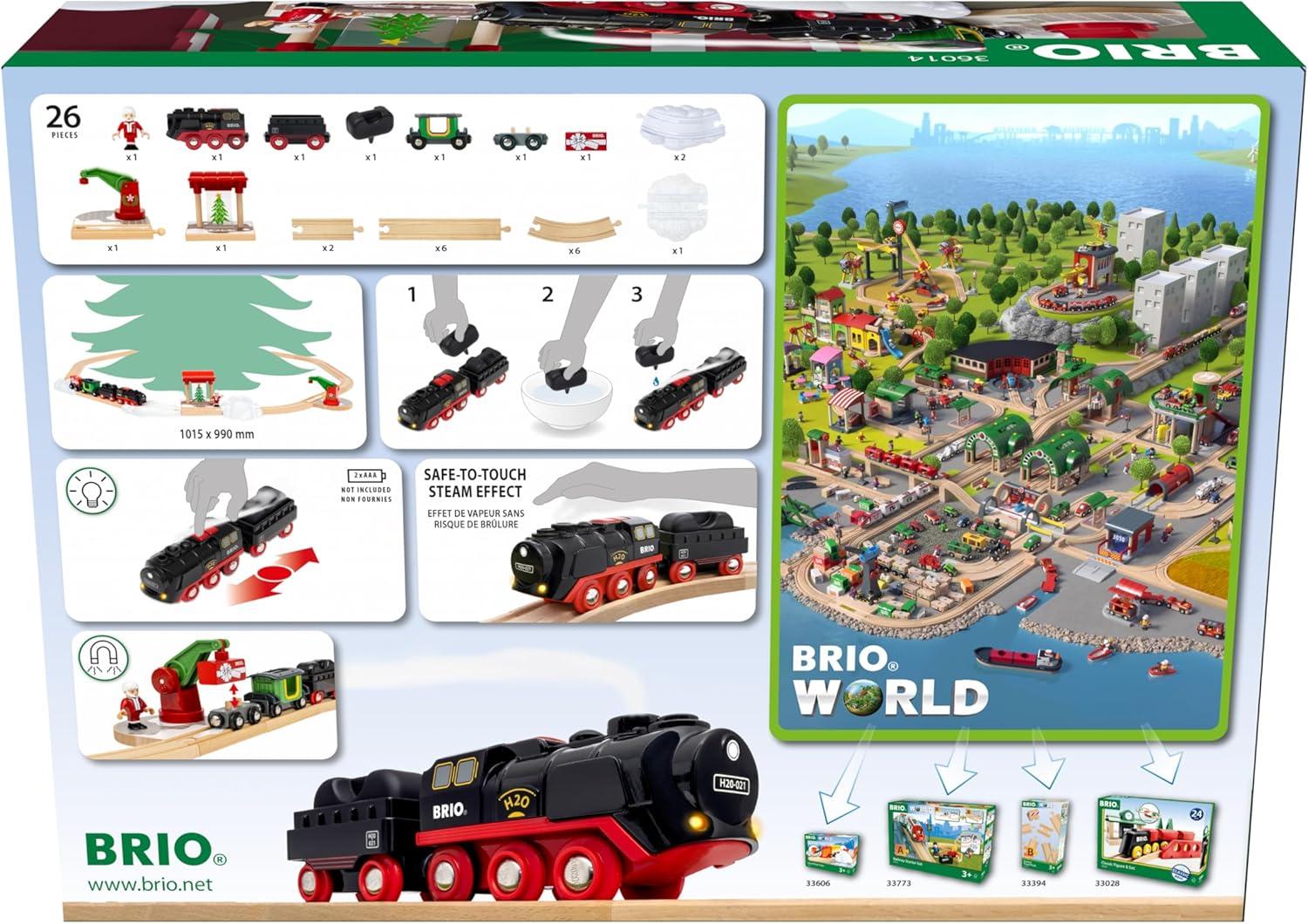 imageBRIO World Christmas Steaming Train BatteryOperated Train 27Pc Motorized Steam Engine for Wooden Track with Lights and KidFriendly Steam Interactive Play with ForwardReverse for Kids 3BRIO World 36014 Christmas Steaming Train Set 27Piece KidFriendly Set Age 3 Compatible FSCCertified Beech Wood Complements All BRIO Railway Sets Accessories Multicolor