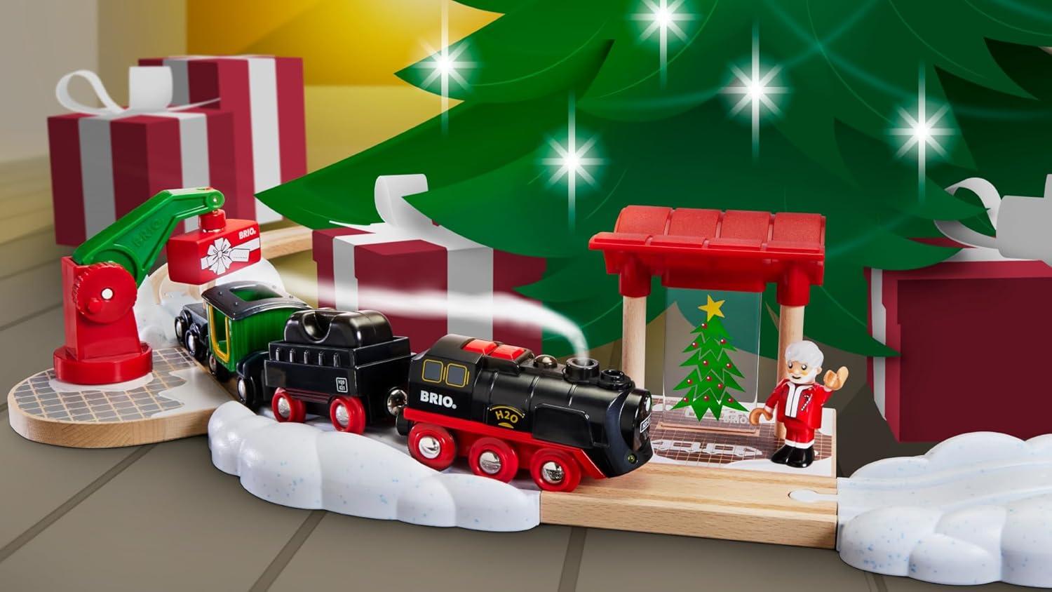 imageBRIO World Christmas Steaming Train BatteryOperated Train 27Pc Motorized Steam Engine for Wooden Track with Lights and KidFriendly Steam Interactive Play with ForwardReverse for Kids 3BRIO World 36014 Christmas Steaming Train Set 27Piece KidFriendly Set Age 3 Compatible FSCCertified Beech Wood Complements All BRIO Railway Sets Accessories Multicolor