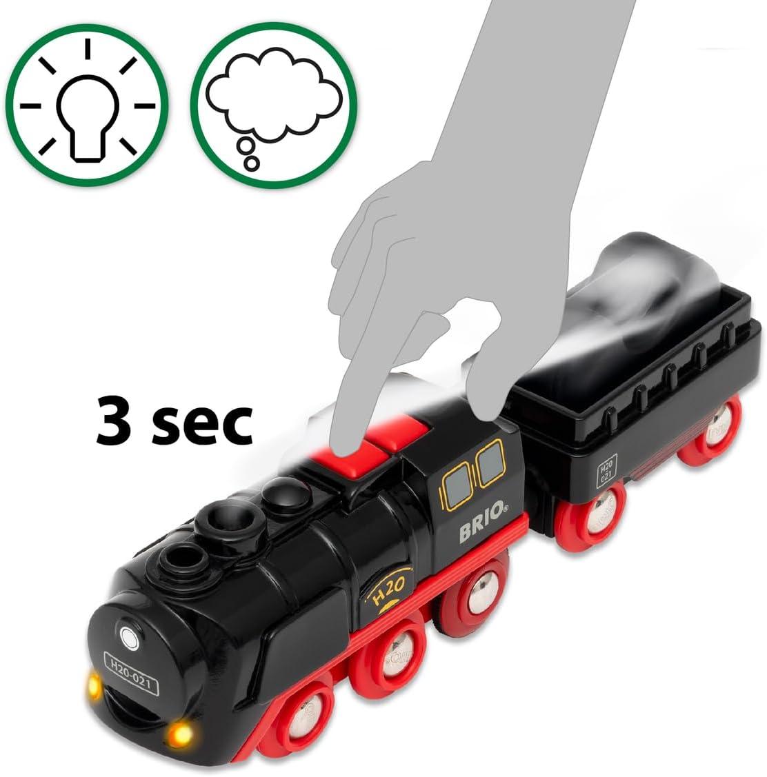 imageBRIO World BatteryOperated Steaming Train 3Piece Motorized Train Engine for Wooden Track with Lights and KidFriendly Steam Interactive Play with ForwardReverse for Kids 3 ampamp UpModern