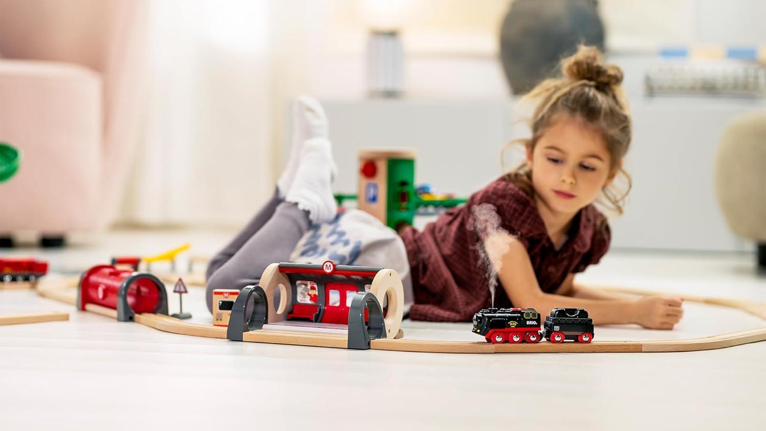 imageBRIO World BatteryOperated Steaming Train 3Piece Motorized Train Engine for Wooden Track with Lights and KidFriendly Steam Interactive Play with ForwardReverse for Kids 3 ampamp UpModern
