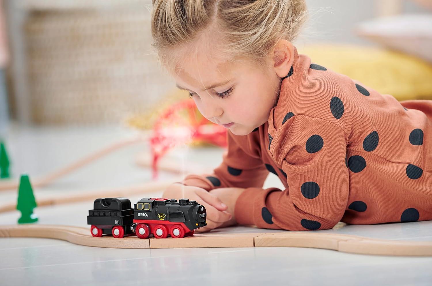 imageBRIO World BatteryOperated Steaming Train 3Piece Motorized Train Engine for Wooden Track with Lights and KidFriendly Steam Interactive Play with ForwardReverse for Kids 3 ampamp UpModern