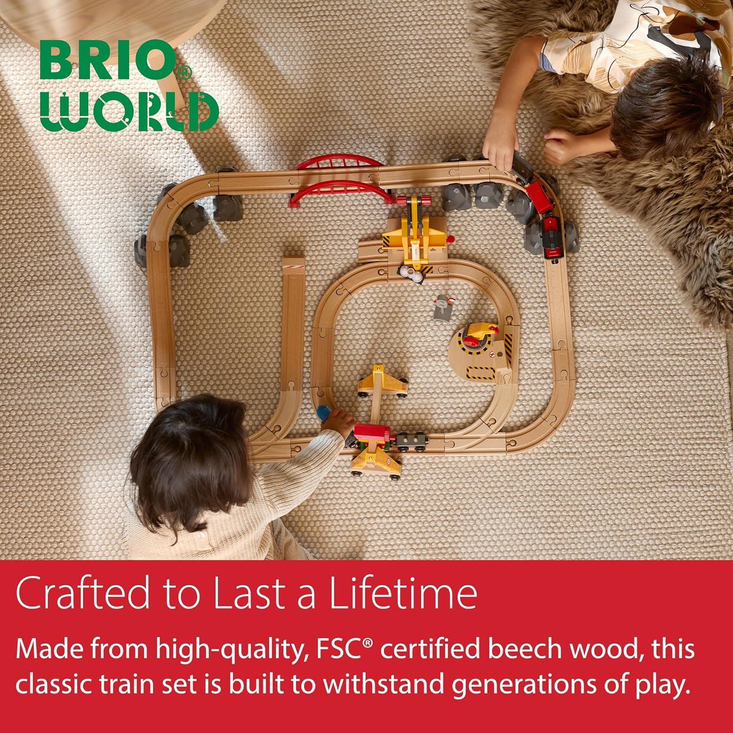 imageBRIO World Cargo Railway Deluxe Wooden Track Train Set BatteryPowered Engine 3 Cranes Bridge Truck Kids Ages 3 Compatible with All Wooden Rail Sets FSC Certified Wood 54PiecesCargo Railway