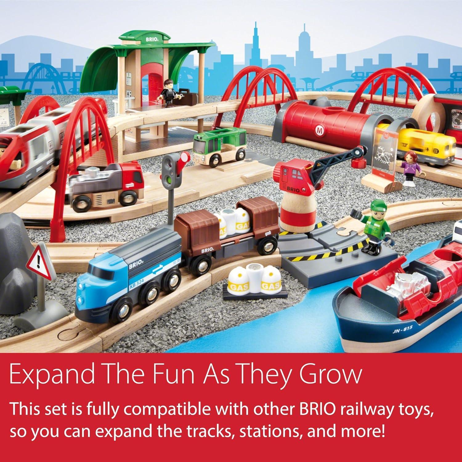 imageBRIO World Deluxe Railway Set 87Piece Wooden Train Set Includes Passenger ampamp Freight Trains Stations Accessories Safe ampamp Sustainable MESH Accredited Fun Play for Kids Ages 3 ampamp UpRailway Set