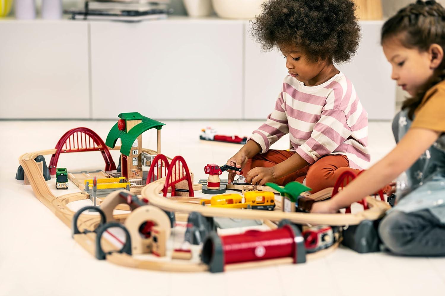 imageBRIO World Deluxe Railway Set 87Piece Wooden Train Set Includes Passenger ampamp Freight Trains Stations Accessories Safe ampamp Sustainable MESH Accredited Fun Play for Kids Ages 3 ampamp UpRailway Set