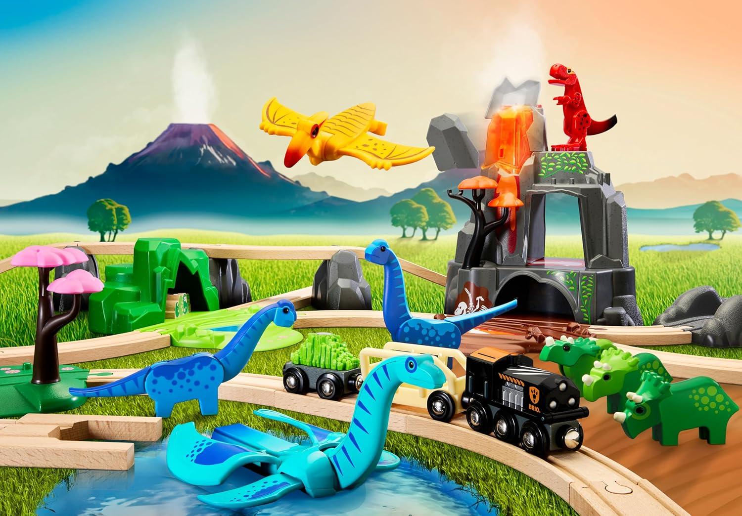 imageBRIO World Dinosaur Deluxe Set 44Piece FSCCertified Wood Train Set ampamp Accessories Works with All Wooden Train Sets Dinosaur Train Engine 2 Wagons 8 Dinosaurs Tracks ampamp More Kids Ages 3BRIO World 36104 Dinosaur Deluxe Set 44Piece Toy Train Set for Kids Ages 3 Years and Up
