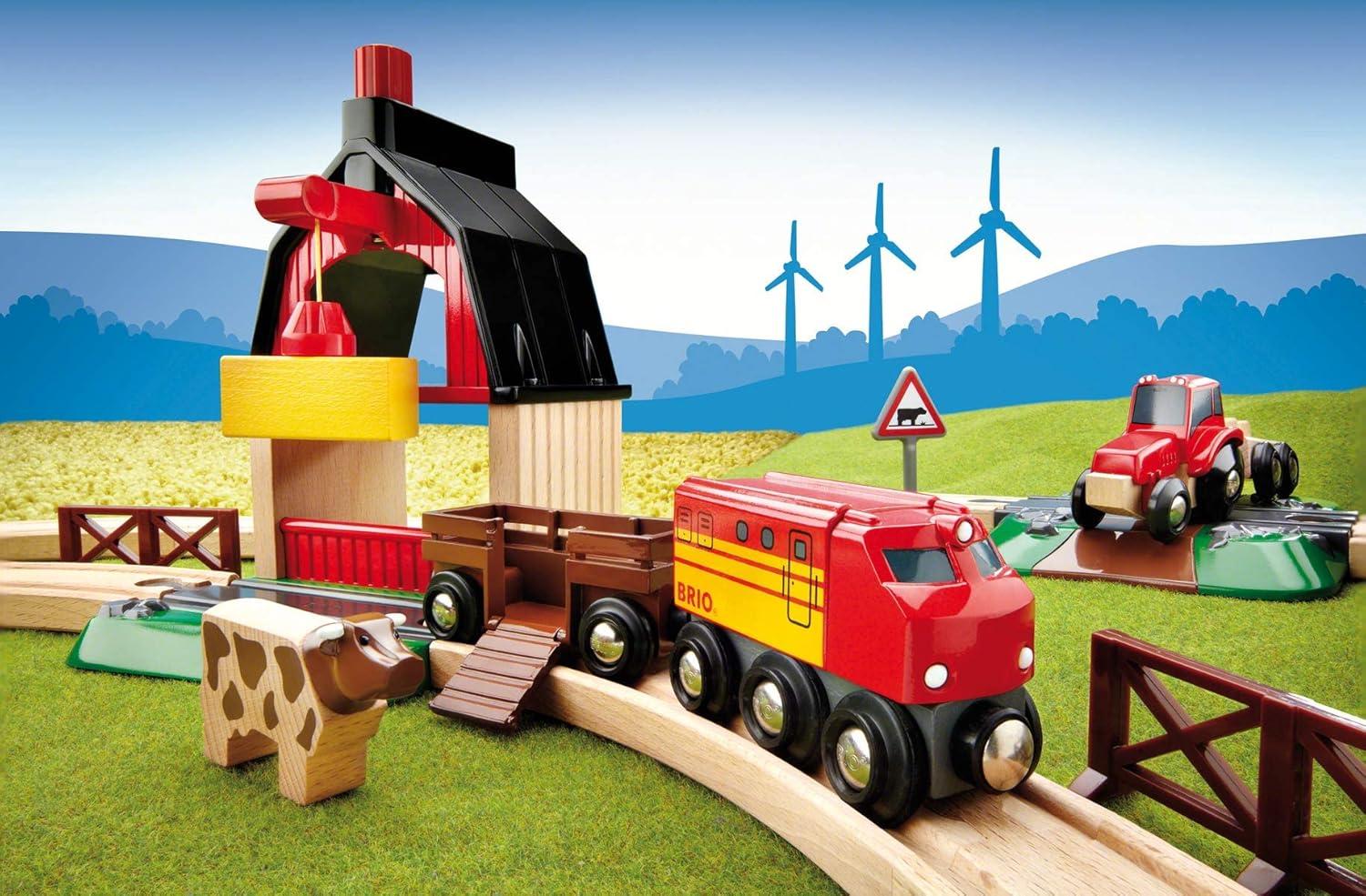 imageBRIO World Farm Railway Set 20Piece FSCCertified Wood Train Set ampamp Accessories Works with All BRIO Wooden Railway Sets Includes Barn Tractor Hay Crane Tracks ampamp More Fun for Kids Ages 3BRIO 33719 Farm Railway Playset Interactive Toy Train Set for Kids FSCCertified Wood Expandable Tracks Promotes Skill Development
