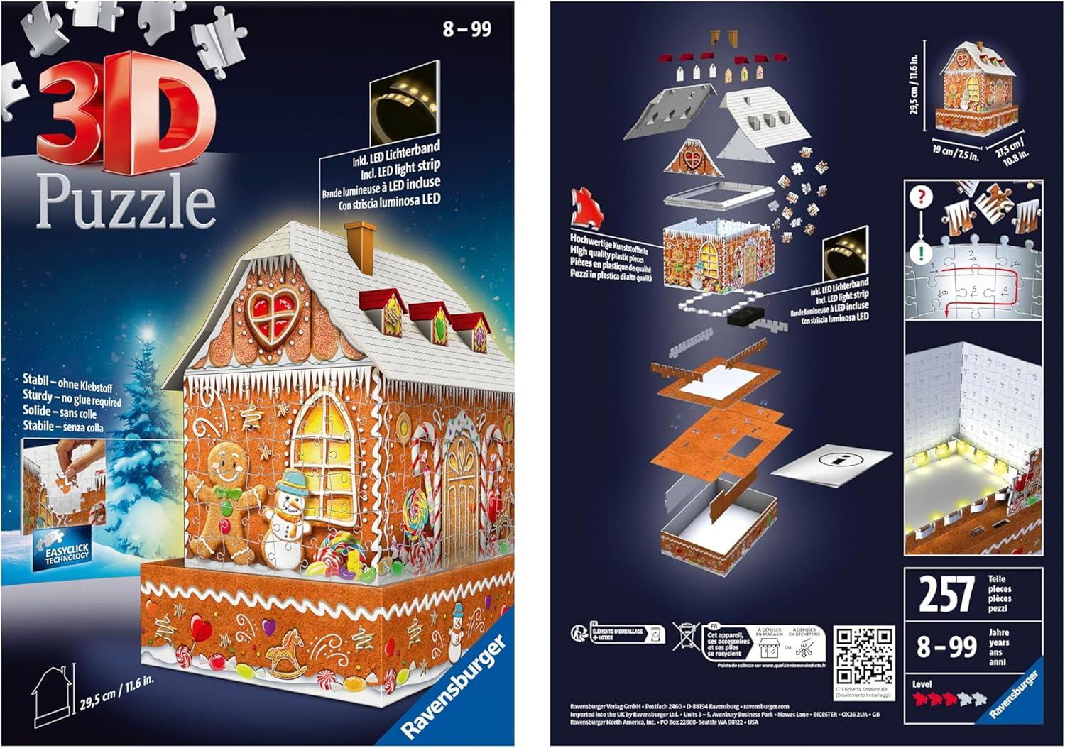 imageRavensburger 3D Gingerbread House with Lights 216 Piece Jigsaw Puzzle Traditional Gingerbread House with Sturdy Base ampamp Safe LED Lighting Premium Quality Ages 8