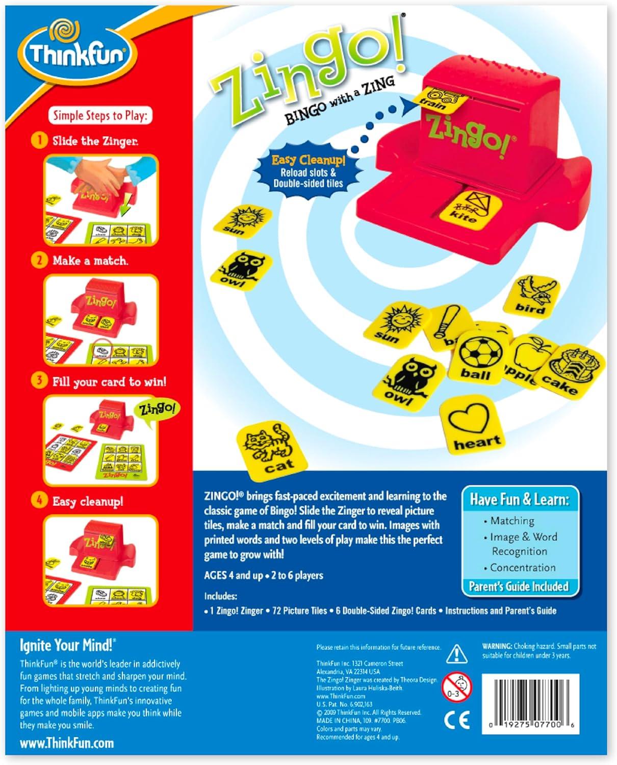 imageThinkFun Zingo Bingo Award Winning Preschool Game for PreReaders and Early Readers Age 4 and Up One of the Most Popular Board Games for Boys and Girls and their Parents 97700ThinkFun Zingo Bingo Unique PreReading Game for Kids Boosts Language Matching Skills Fun for Classroom Home Amazon Exclusive with Extra Zingo Card