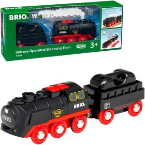 BRIO World Battery-Operated Steaming Train – 3-Piece Motorized Train Engine for Wooden Track with Lights and Kid-Friendly Steam – Interactive Play with Forward/Reverse – for Kids 3 & Up(Modern)