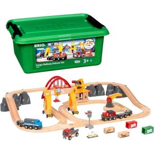 BRIO World Cargo Railway Deluxe – Wooden Track Train Set – Battery-Powered Engine, 3 Cranes, Bridge, Truck – Kids Ages 3+ – Compatible with All Wooden Rail Sets – FSC Certified Wood – 54-Pieces(Cargo Railway)