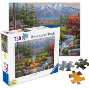 Ravensburger – Riverside Livingroom – 750 Piece Large Format Jigsaw Puzzle – Serene Vision of a Rustic Cabin, Mountains & Stream – Frameable – Premium Quality – Puzzles for Adults