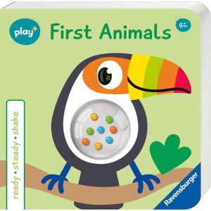 Ravensburger Play+ Ready, Steady, Shake – First Animals | Board Book with Rattle | Engages Sensory & Language Development
