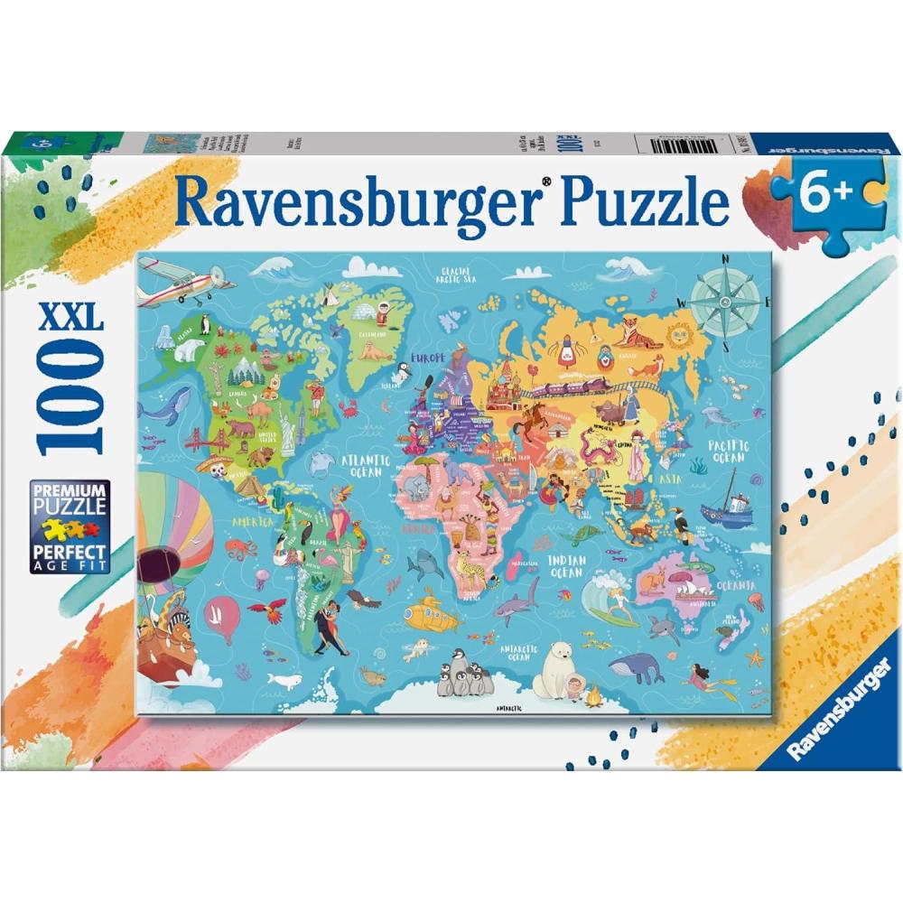imageRavensburger World Map 100 Piece Jigsaw Puzzle XXL Pieces for Easy Assembly Exciting Bold and Colorful Imagery of Our World Premium Quality Ideal Gift ScreenFree Fun Children Age 6