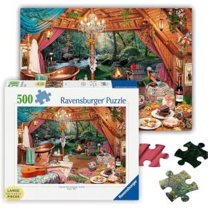 Ravensburger – Cozy Glamping – 500 Piece Large Format Jigsaw Puzzle – Quaint, Inviting Image of The River from a Rustic Cabin – Frameable – Premium Quality – Puzzles for Adults