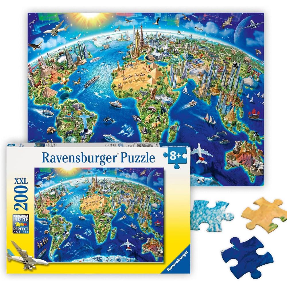 image:imageRavensburger World Landmarks Map 200 Piece Jigsaw Puzzle Stunning Imagery of Amazing Landmarks of The World Vibrant Colors Premium Quality Ideal Gift ScreenFree Fun Children Ages 8