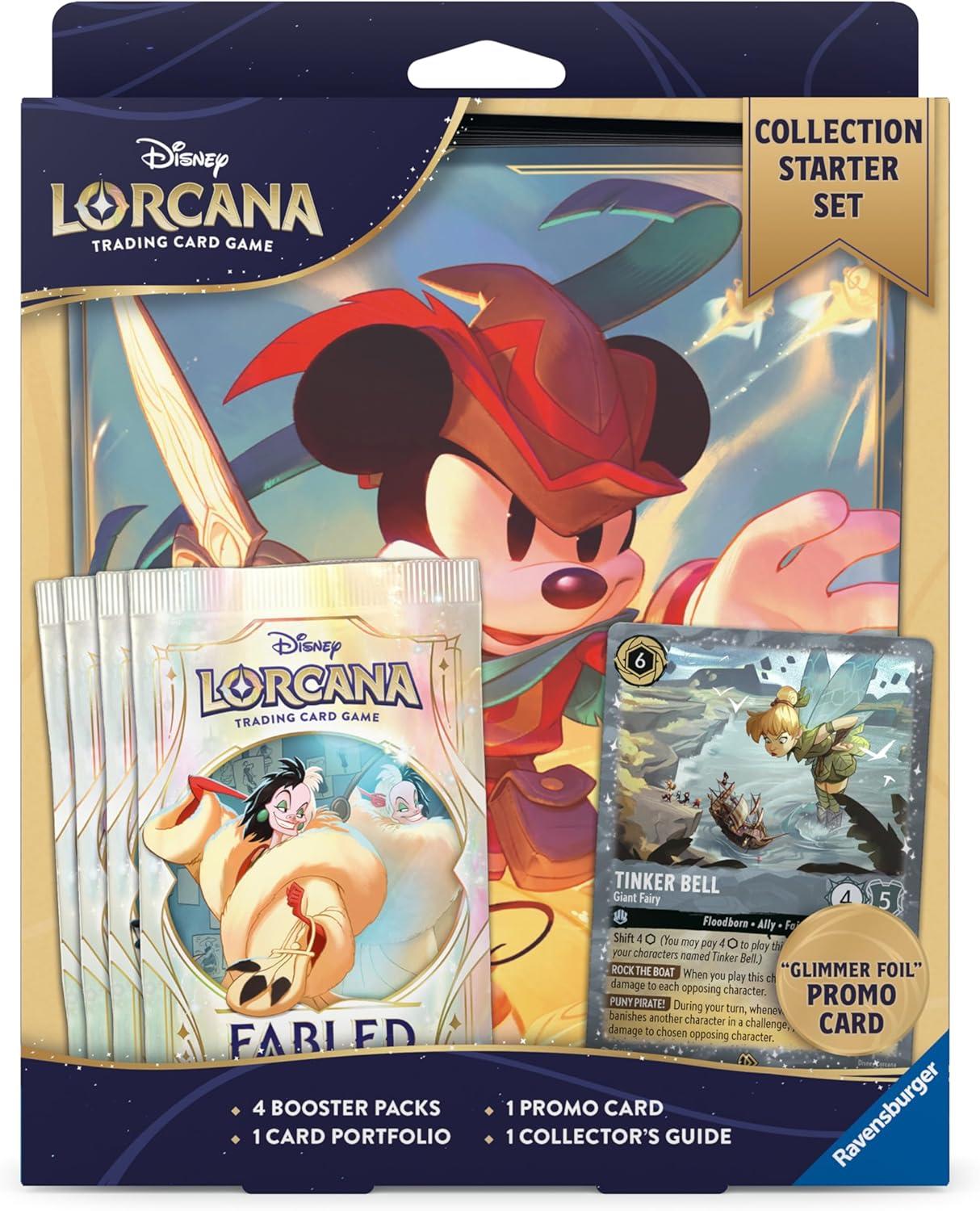 image:imageRavensburger Disney Lorcana TCG Collection Starter Set Includes 4 Fabled Booster Packs Mickey Mouse Card Portfolio Glimmer Foil Tinker Bell Promo amp Collectors Guide