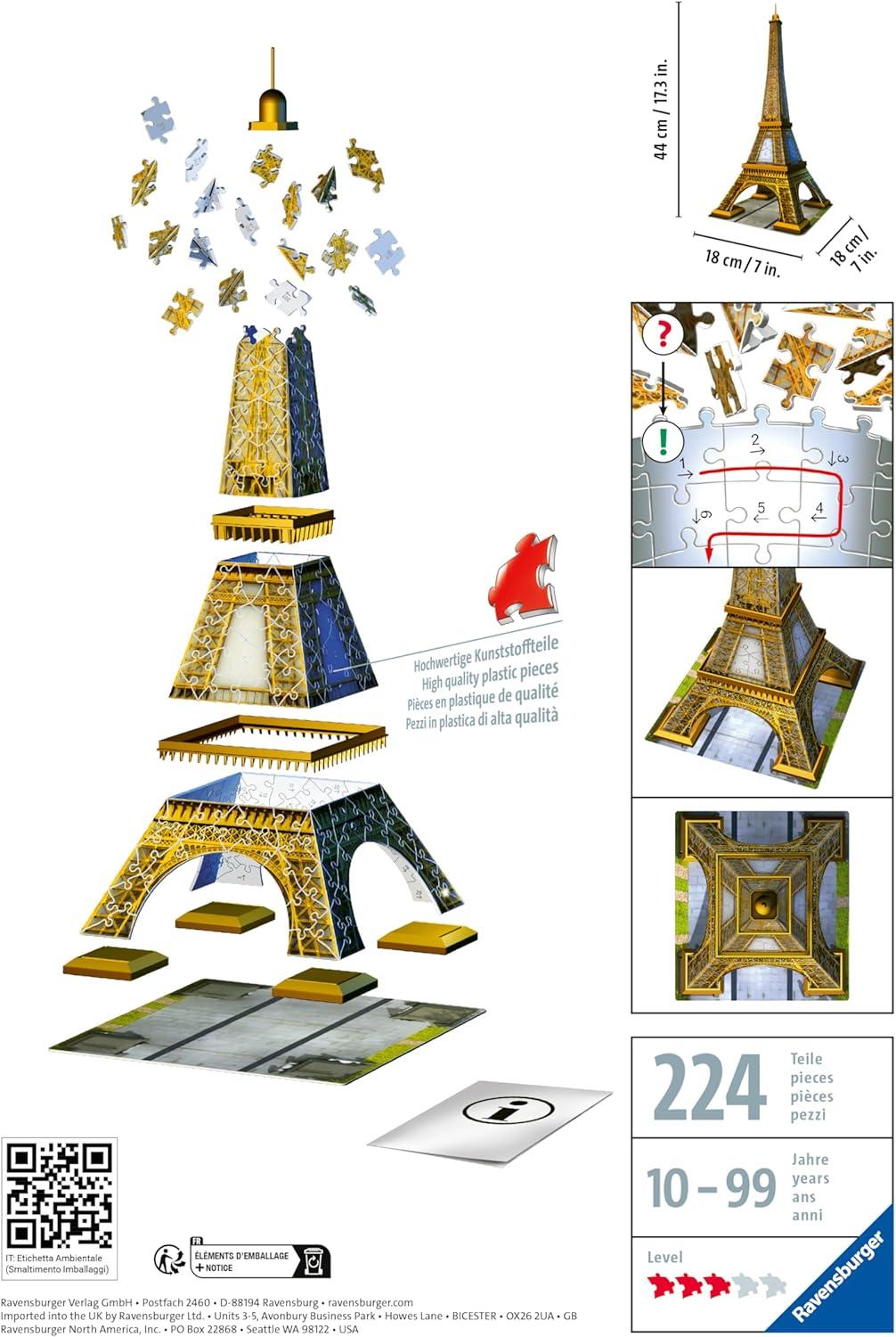 image:imageRavensburger Eiffel Tower 216 Piece 3D Jigsaw Puzzle for Kids and Adults 12556 Easy Click Technology Means Pieces Fit Together Perfectly