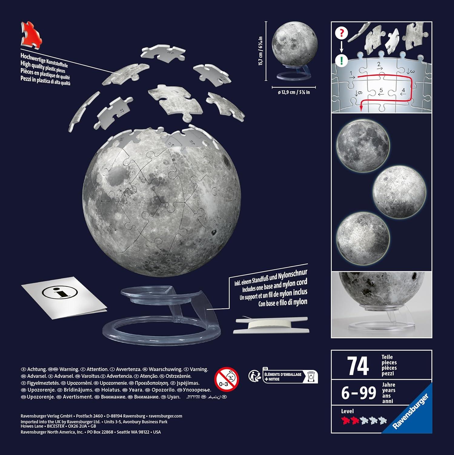 image:imageRavensburger GlowinTheDark Moon 72 Piece 3D Jigsaw Puzzle for Adults and Kids 11586 Great Gift for Any Birthday Holiday or Special Occasion