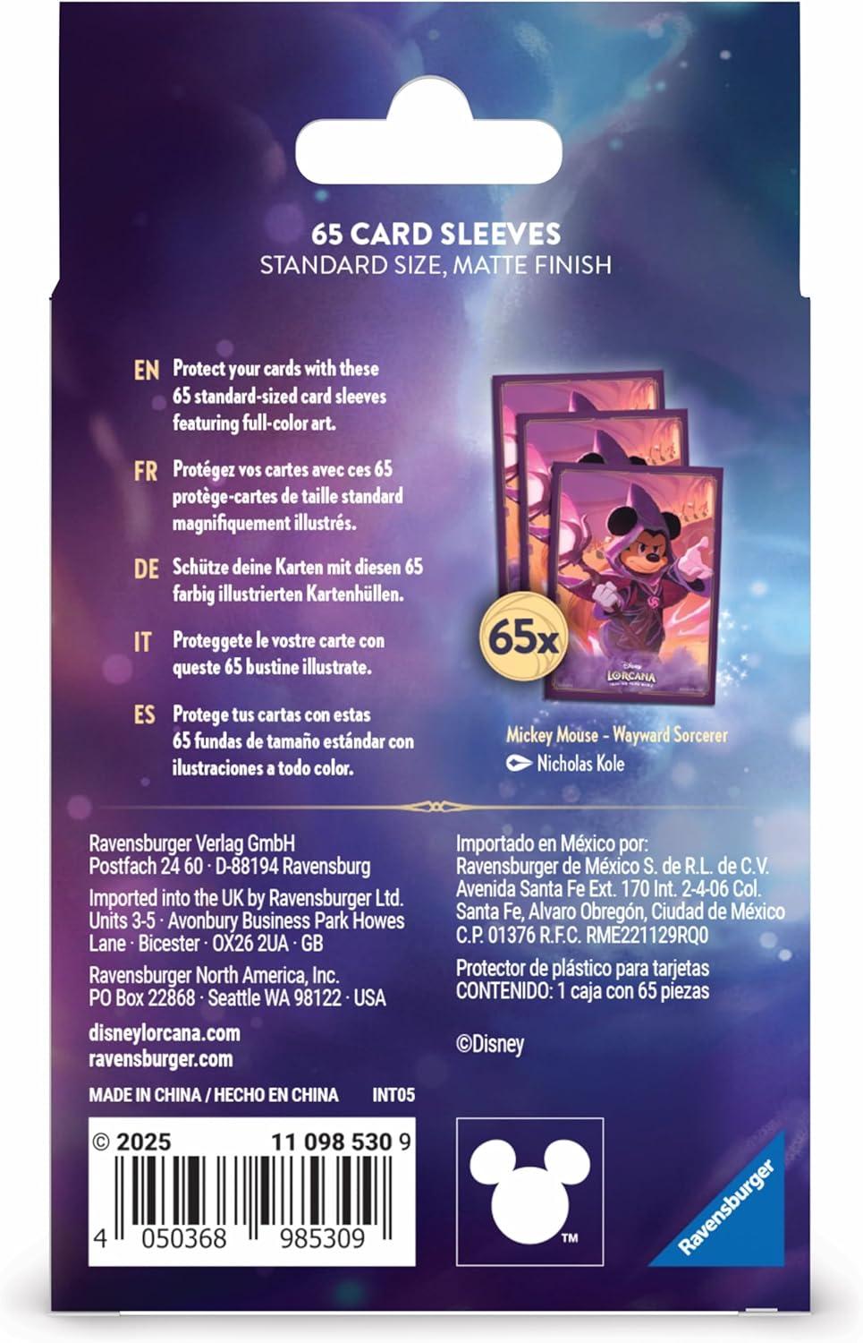 image:imageRavensburger Disney Lorcana TCG Card Sleeves Featuring Mickey Mouse Wayward Sorcerer 65 Protective Sleeves for TCG Decks Ages 8