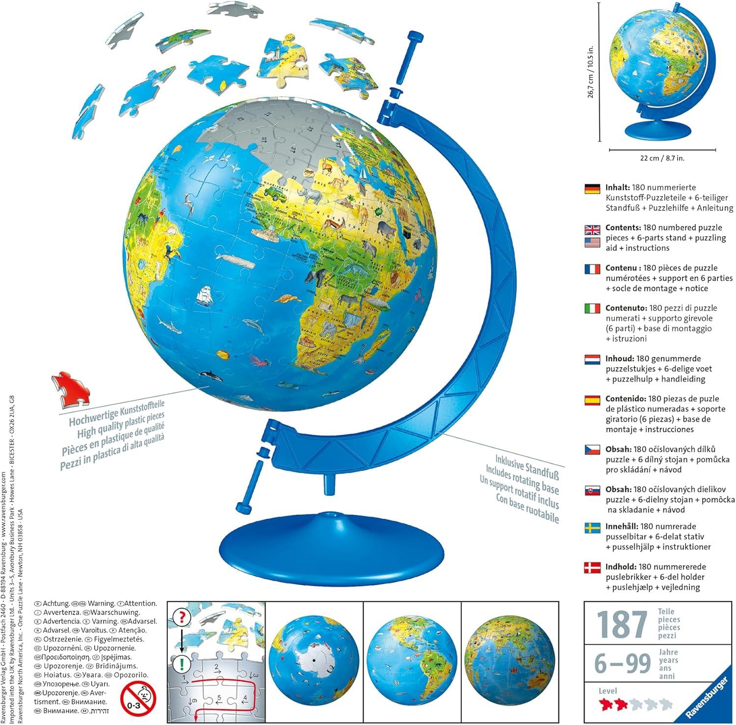 image:imageRavensburger Childrens World Globe 180 Piece 3D Jigsaw Puzzle Easy Click Technology Displayable Art Perfect for Kids and Adults 105 in Diameter