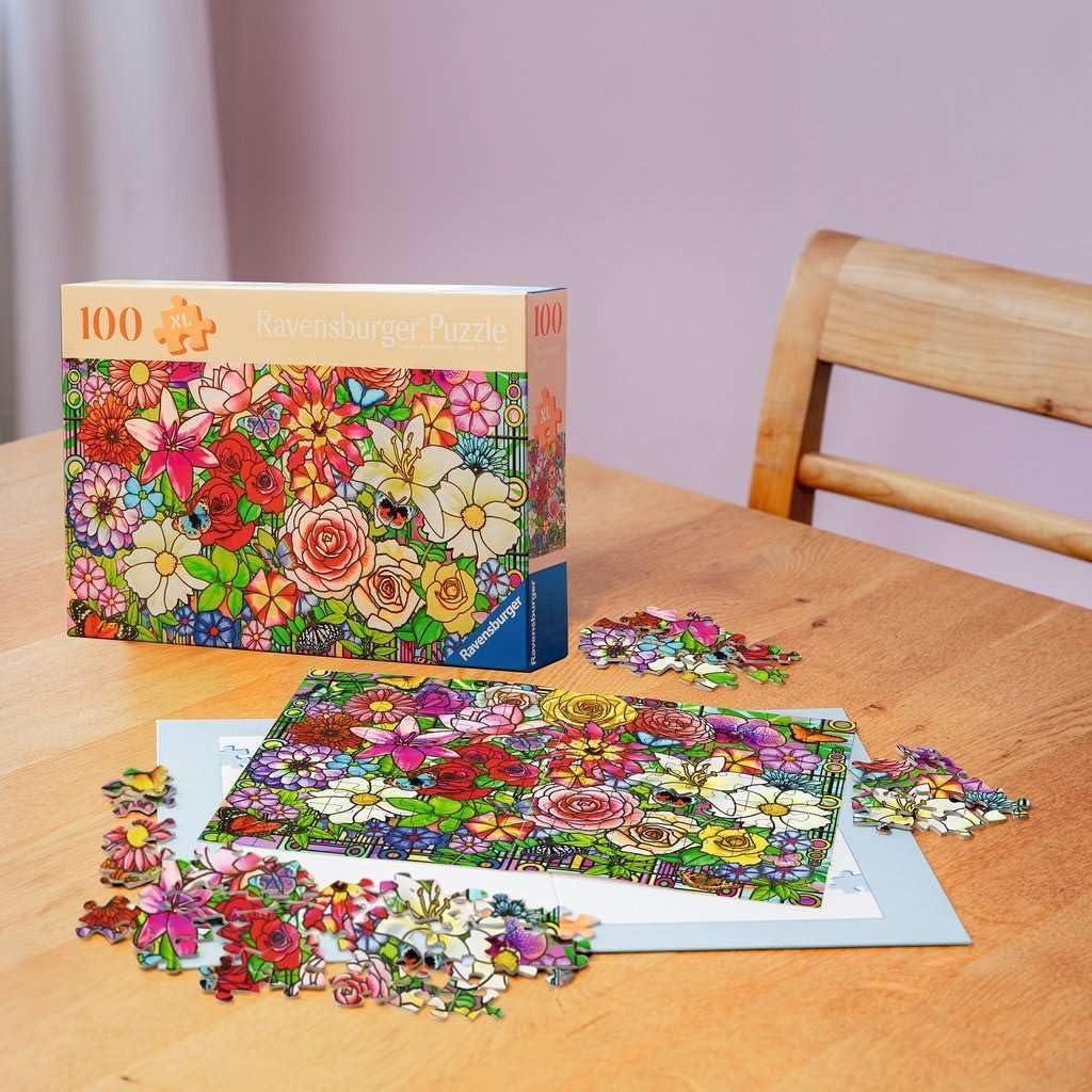 image:imageRavensburger Feel Well Tiffany Flowers 100 Piece Jigsaw Puzzle Thicker Pieces Large Image Format and Included Stand Premium Quality Puzzle Made in Europe