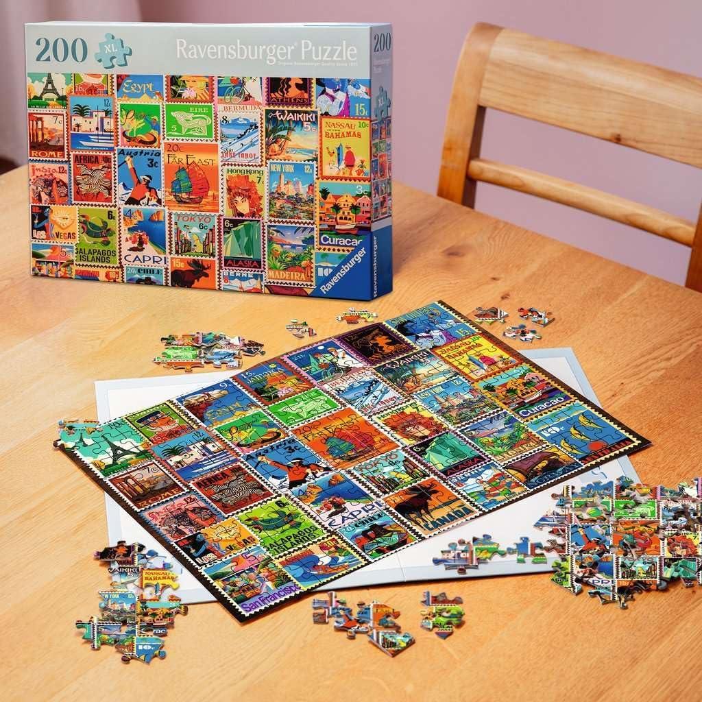 image:imageRavensburger Feel Well Travel Stamps 200 Piece Jigsaw Puzzle Thicker Pieces Large Image Format and Included Stand Premium Quality Puzzle Made in Europe