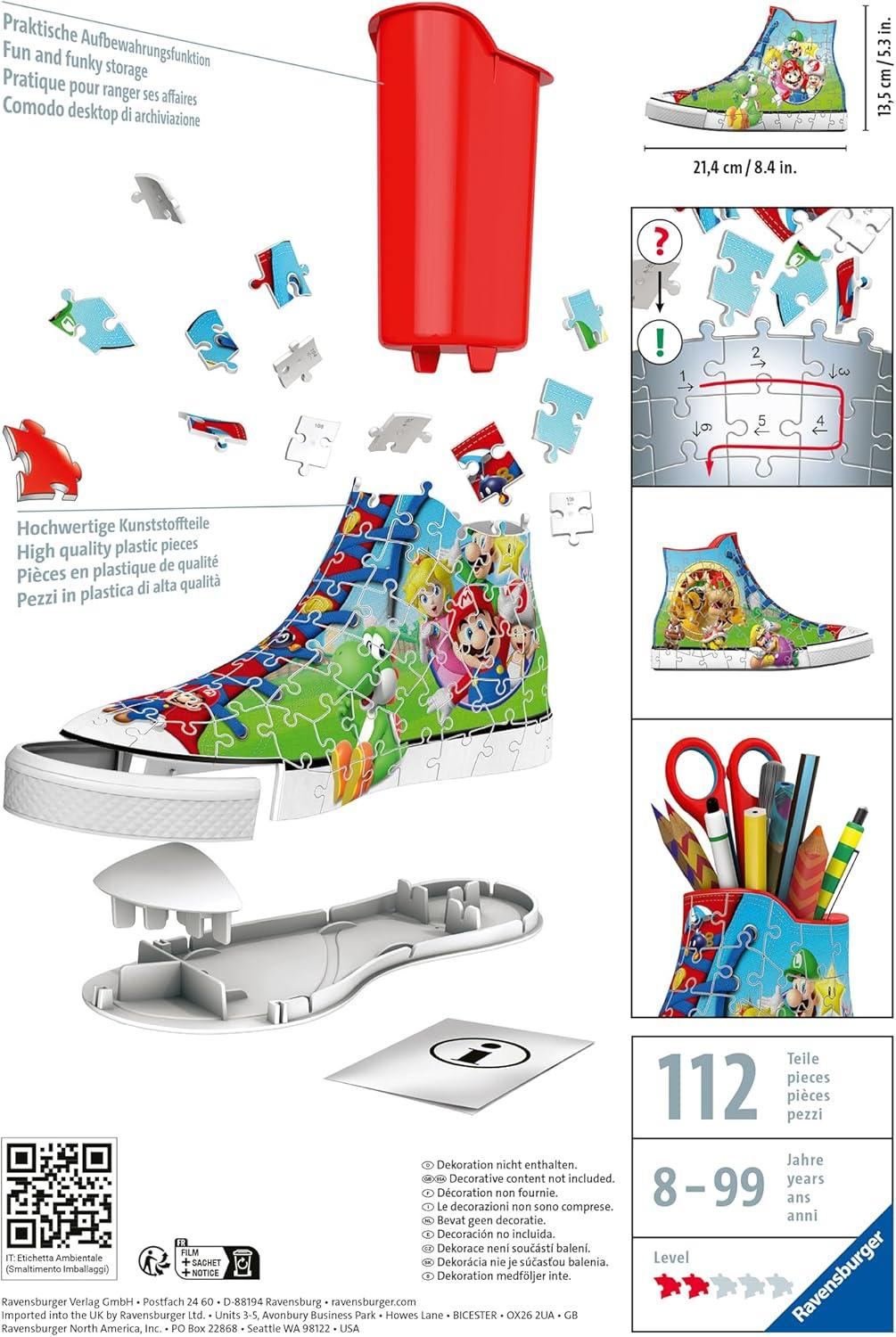 image:imageRavensburger Super Mario Sneaker 3D Jigsaw Puzzle Build a FullSize Sneaker with Classic Mario Artwork 108 Sturdy Plastic Pieces Premium Quality Display or Use as Storage