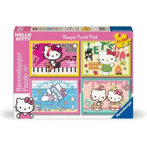 Ravensburger Hello Kitty Bumper Puzzle Pack – 4 x 100 Piece XXL Jigsaw Puzzles – Colorful Music, Outdoors, Underwater & Sweet Treat Scenes – Durable & Family-Friendly – Ages 5+