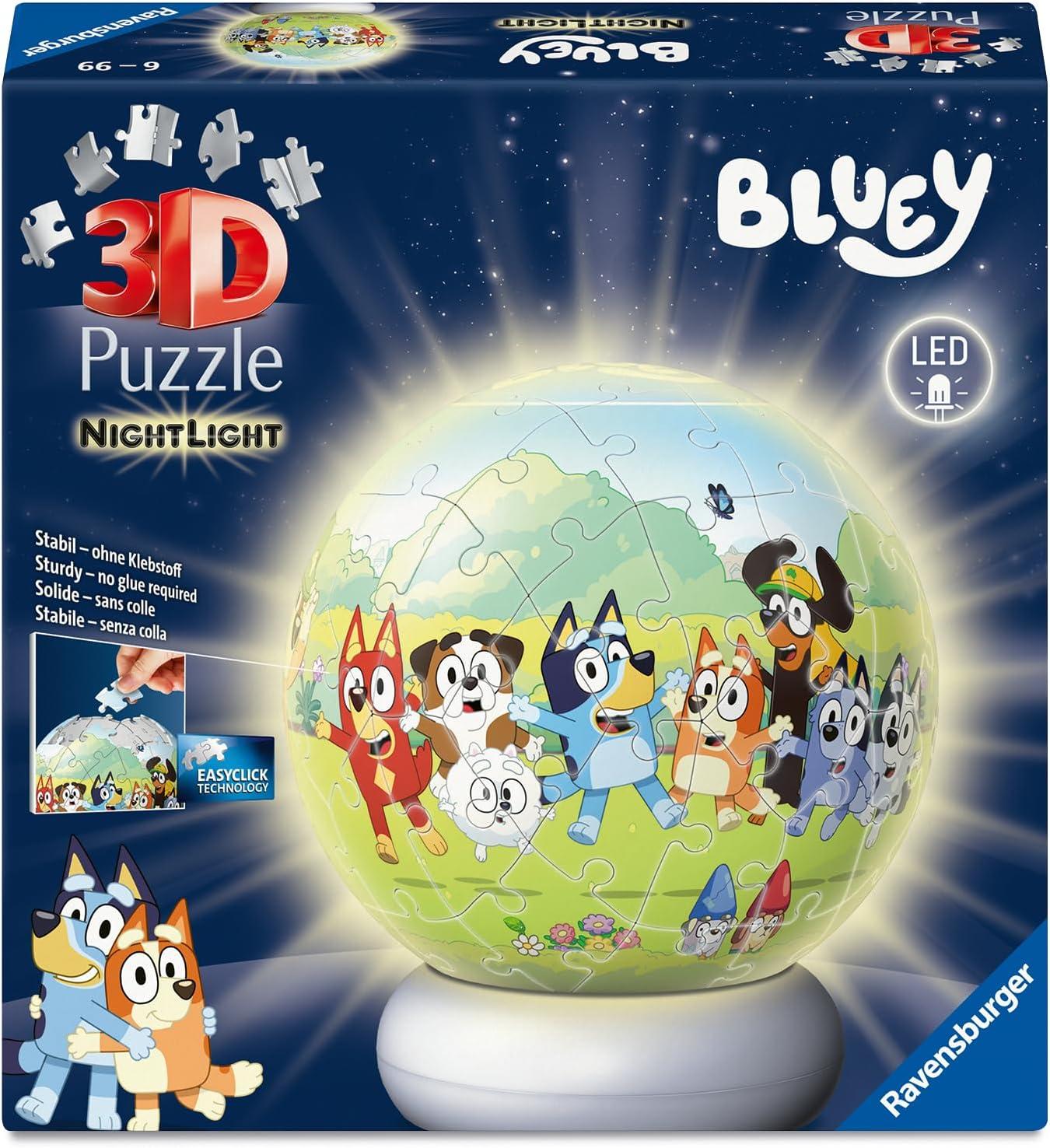 image:imageRavensburger Bluey Nightlight Puzzle Ball 72 Piece 3D Jigsaw Puzzle Fun Bluey Design with LED LightUp Base Decorative Kids Room Accent Premium Quality Ideal Gift Children Age 6