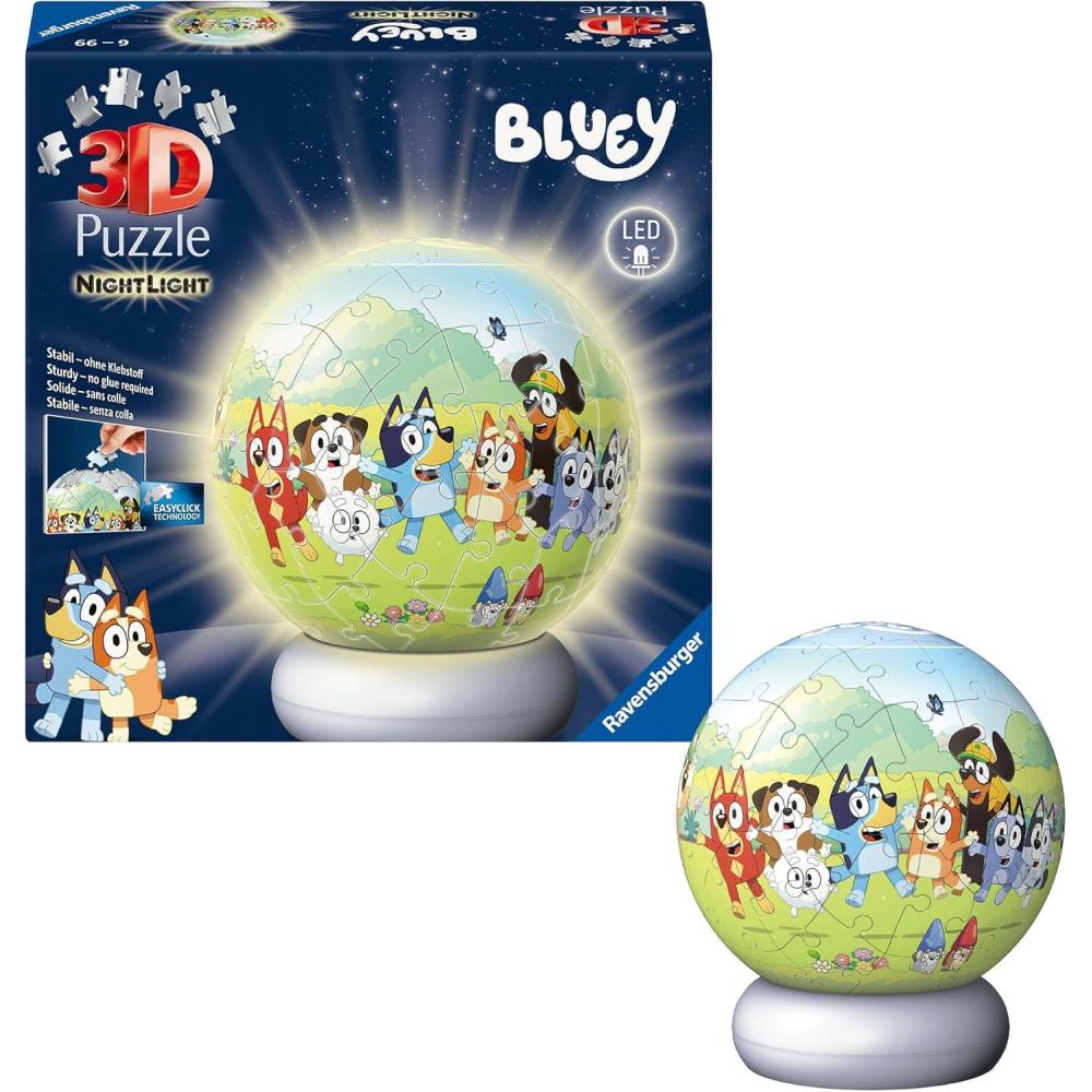 image:imageRavensburger  Bluey Nightlight Puzzle Ball  72 Piece 3D Jigsaw Puzzle  Fun Bluey Design with LED LightUp Base  Decorative Kids Room Accent  Premium Quality  Ideal Gift  Children Age 6